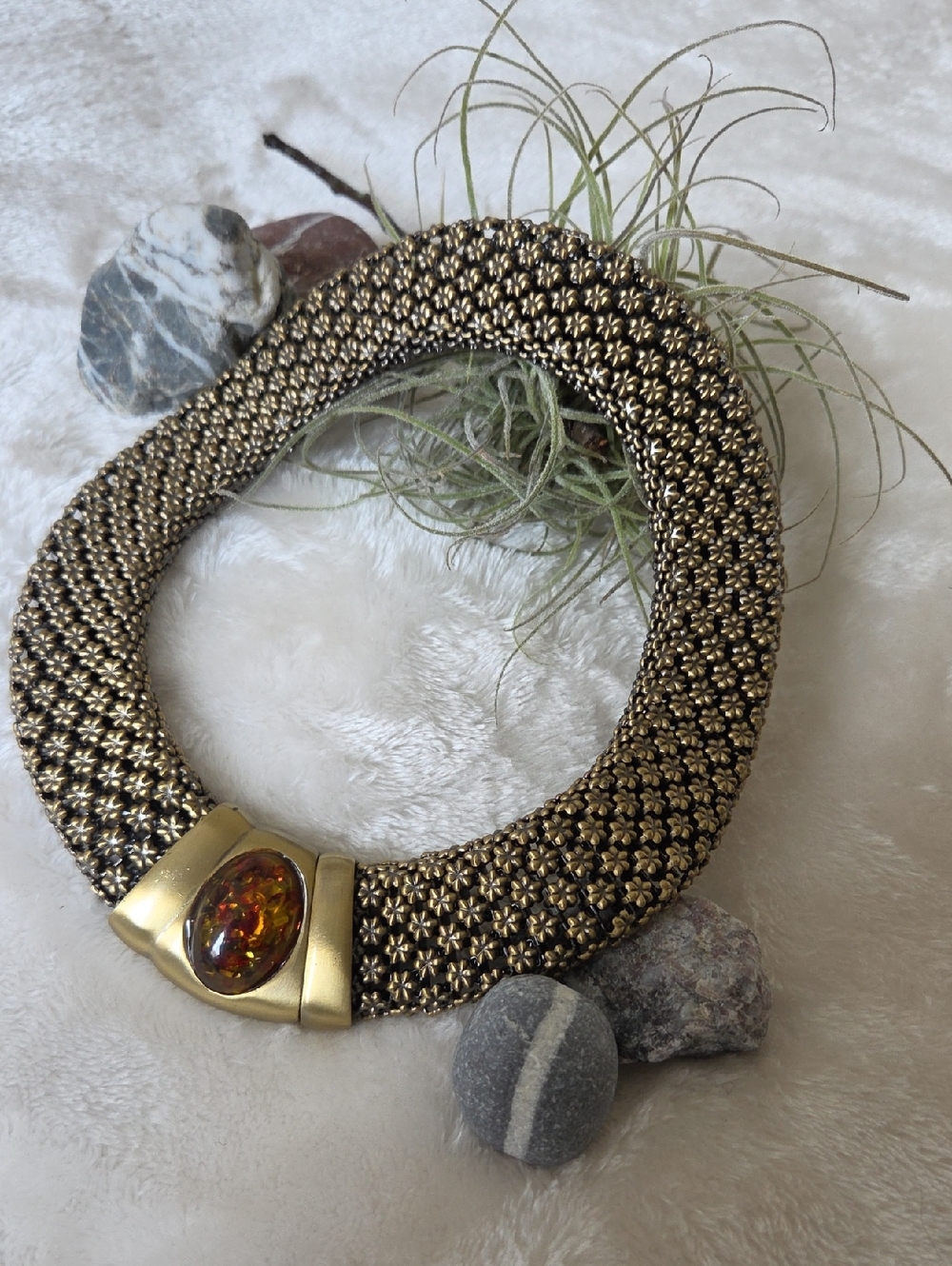 Rare Vintage Style Wide Mesh Magnetic Choker Necklace With Amber Cabochon.